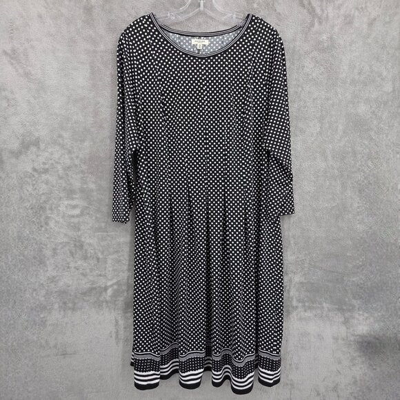 Max Studio Swing Dress 1X Black White Polka Dots Stripes Stretch Casual Classic - Picture 1 of 10